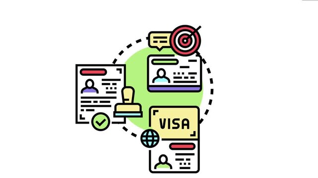 Illustrated documents symbolizing the application and approval stages for obtaining legal entry, immigration, and residency status, representing a complex administrative procedure