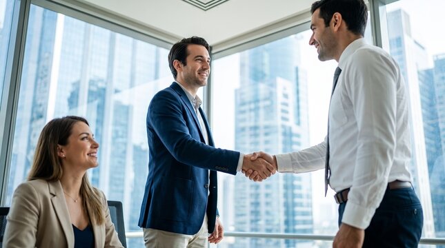 Corporate handshake and business deal. Two businessmen shaking hands in office. Female colleague