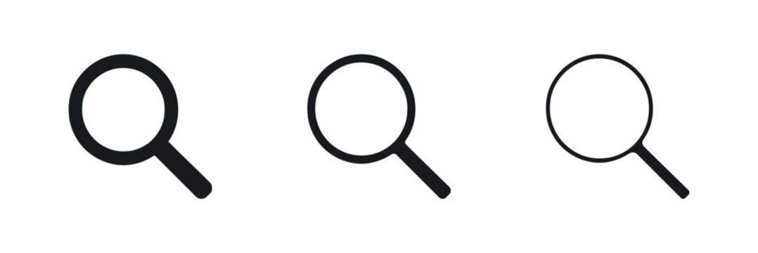 Three magnifying glasses illustrate a flat two tone pictogram style magnifyingglass lens