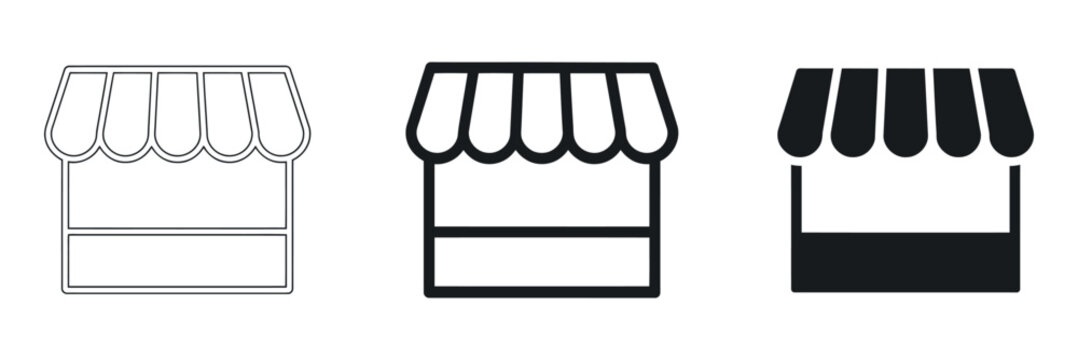 Shop awning outline filled and solid silhouette illustrations depict storefront structure