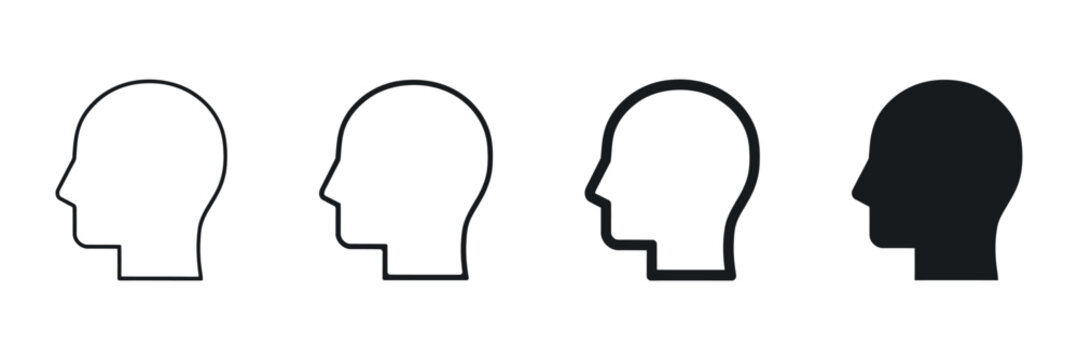 Four head silhouettes showcase varying line weights and solid fill styles