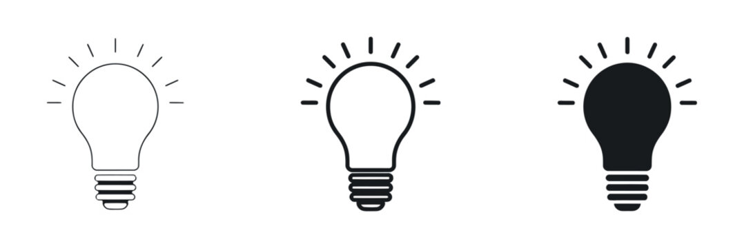Three lightbulbs with radiating lines represent illumination and energy sources bulb