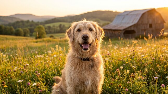 Happy golden retriever dog sitting in a wildflower meadow during sunset. Rustic barn and hills in background