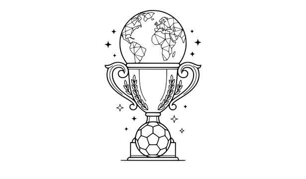 World Football Championship Trophy with Globe and Soccer Ball Black Line Art Vector Illustration