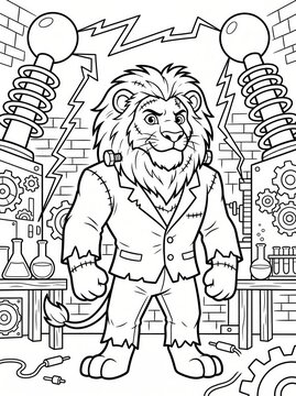 Coloring page, lion Frankenstein in a mad scientist laboratory.