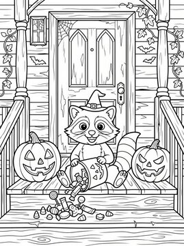 Coloring page, raccoon with trick-or-treat candy on a haunted porch.