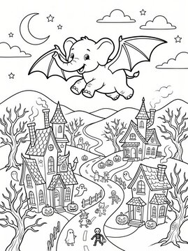 Coloring page, elephant bat flying over a spooky neighborhood.