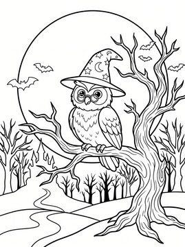 Coloring page, owl wizard on a branch with a giant full moon.