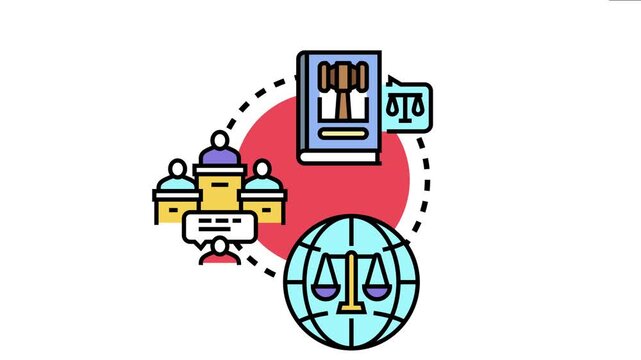 Illustration displaying a gavel on a law book. A hand holding scales of justice. And a globe with scales