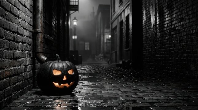 Minimalist noir Halloween banner featuring a glowing matte black pumpkin in a misty 1940s urban alleyway with rain-slicked cobblestones and cinematic shadows.