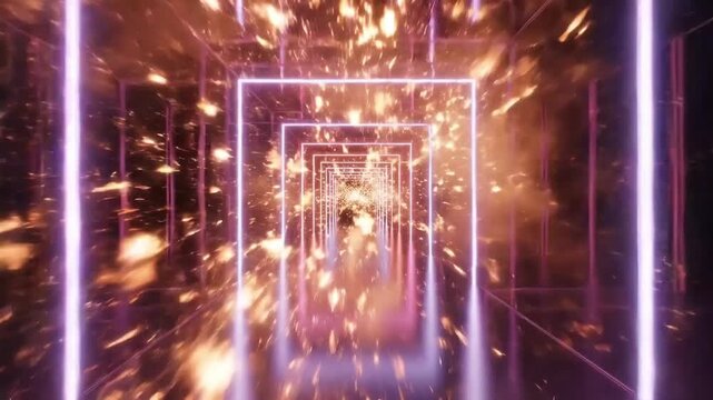 Seamless 3D animation loop of flying through a futuristic neon square tunnel. Vibrant pink and orange glowing frames with floating golden sparks and floor reflection on dark abstract background.