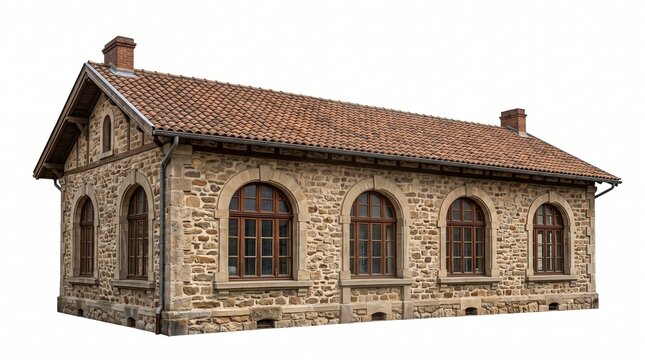 Classic vintage stone railway station building side view isolated on white background
