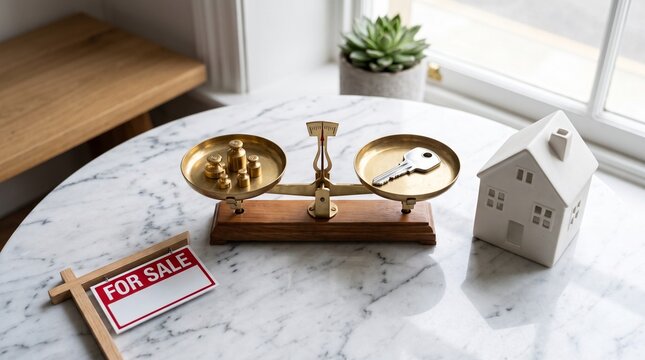 A small white house model and for sale sign next to a brass balance scale with weights and a house key on a marble table in a sunny home office.