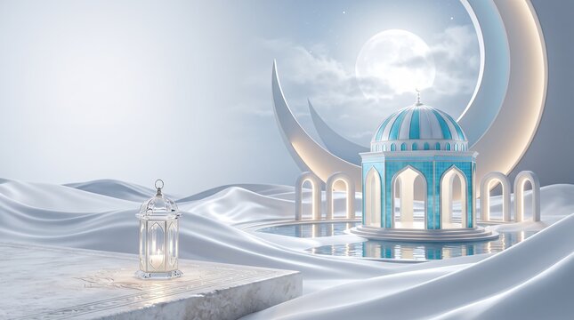 Minimalist 3D Render Mosque Architecture with Crescent Moon for Islamic Holiday Concept