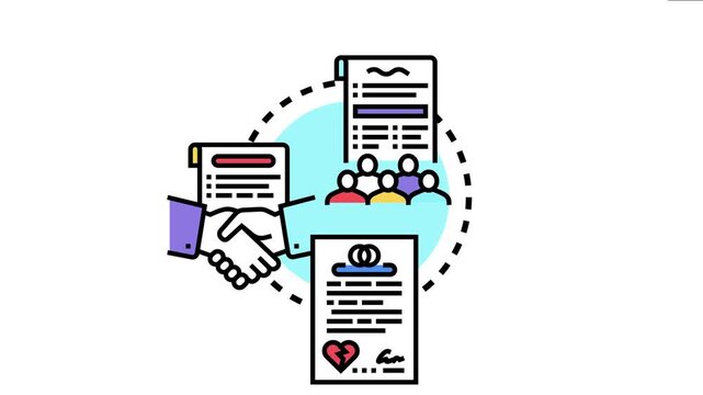 Legal concepts marital standing, including marriage contracts, divorce settlements with a broken heart symbol, and legal team meetings handling family law matters