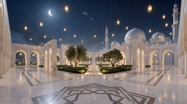 Realistic Architectural Courtyard Mosque Garden at Night Religion and Culture