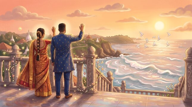 Digital Illustration Indian Couple Standing on Balcony Overlooking Tropical Ocean Wedding Celebration