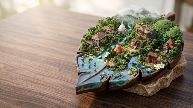 Intricate Carved Wood Leaf Miniature Landscape Sri Lanka Island Concept Art