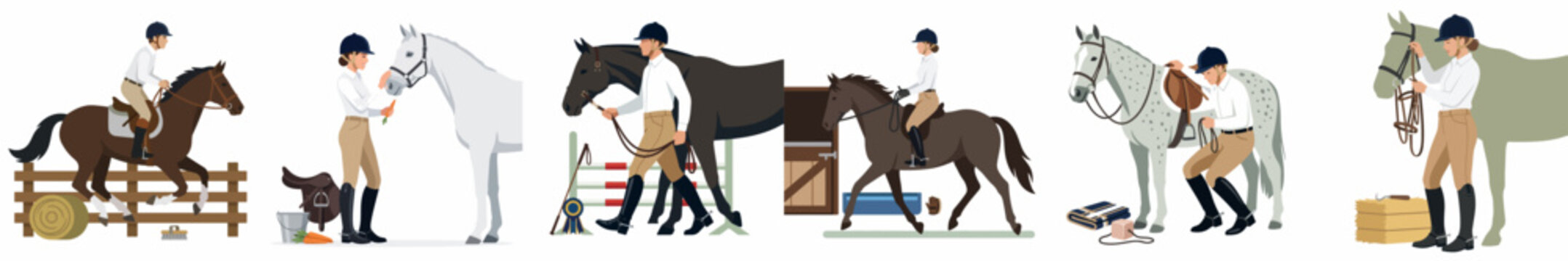 Set of flat vector illustrations depicting various equestrian activities, including horse jumping, grooming, leading, and riding in a stable environment.