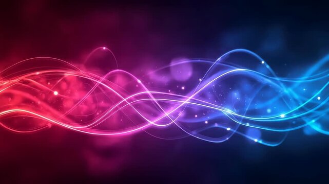 Abstract light wave with neon pink and blue glow, dynamic flowing background featuring luminous curves, colorful energy lines, vibrant particles, futuristic digital motion, and modern technology