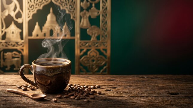 Rustic Ceramic Coffee Cup With Steaming Beverage On Wooden Table Decorative Background