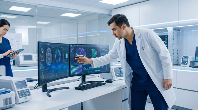A male scientist in a white coat points at computer screens showing brain scans and data graphs inside a modern brightly lit laboratory