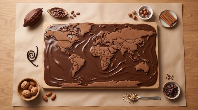 Realistic Melted Chocolate Textured Map World Continent Shape Food Art Conceptual Background
