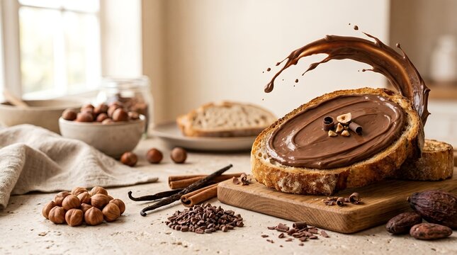 Realistic Chocolate Hazelnut Spread On Toast With Splash Ingredient Food Photography