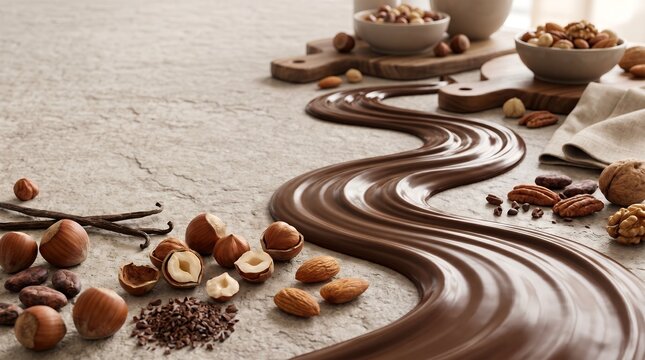 Realistic Liquid Melted Chocolate Flow With Assorted Nut And Ingredient Food