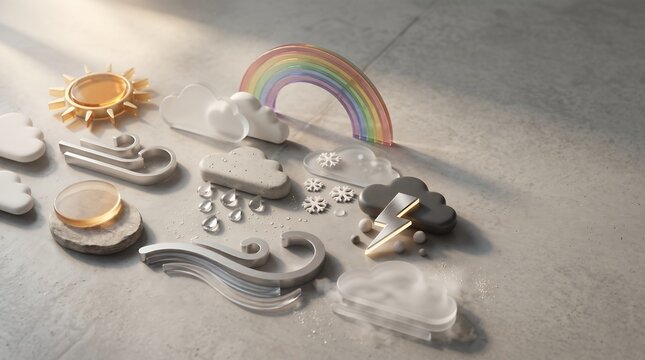 Minimalist 3D Weather Icon Set Featuring Rainbow Sun Cloud Rain And Lightning Elements