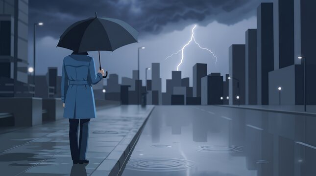 Digital Illustration Person With Umbrella Standing In Rainy Cityscape Weather Concept