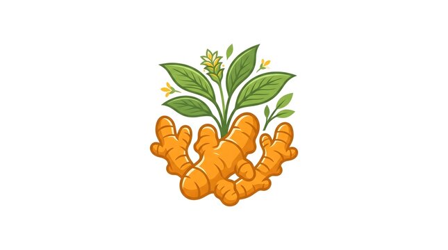 Vector illustration of fresh turmeric rhizome root with green leaves and yellow flowers isolated on a white background
