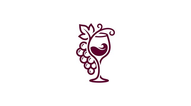  Elegant wine glass logo combined with a bunch of grapes and a leaf, vector illustration on a white background