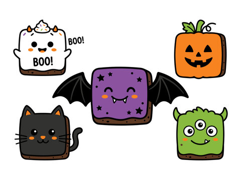 Set of cute Halloween themed square cookies vector illustrations
