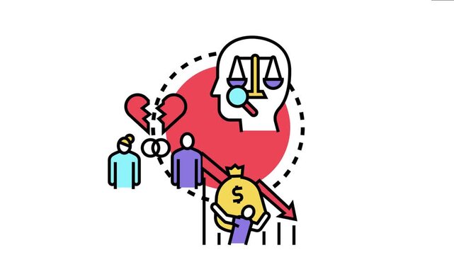 Legal scales balancing within a head. Surrounded by a broken heart. Wedding rings. And money. Illustrate the complex considerations of divorce. Legal proceedings. And financial or emotional separation