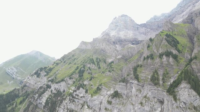 Cinematic aerial drone footage showcasing the spectacular alpine landscape, mountain peaks, green valleys and traditional village of Adelboden in the Bernese Oberland, Switzerland.