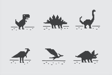 Pixel art dinosaur icon set 8 bit retro game style T-Rex, Stegosaurus, and Pterodactyl vector illustration © ininn