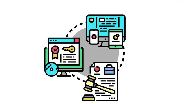 Software licensing alert protecting digital intellectual property across computer, mobile, and tablet platforms, involving legal compliance and contractual agreements