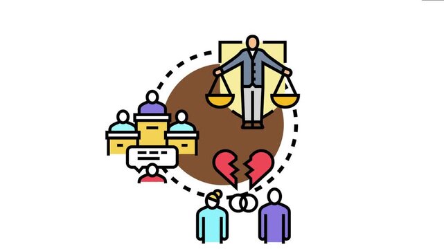 Legal professional balancing scales of justice oversees people in a court setting and a separated couple, concepts of law, judgment, and conflict resolution