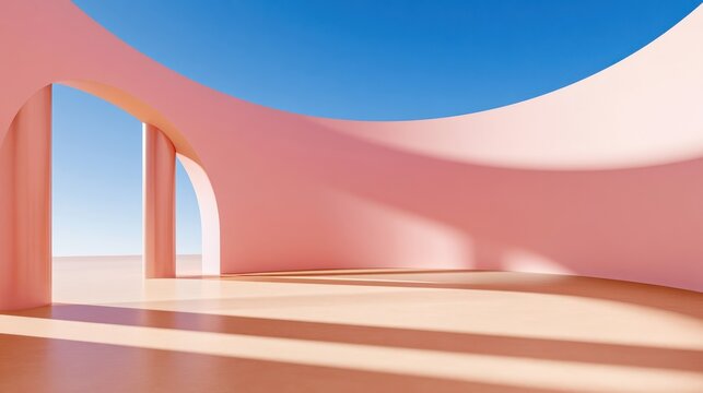 Soft pastel 3d architectural scene with arches and columns under blue sky