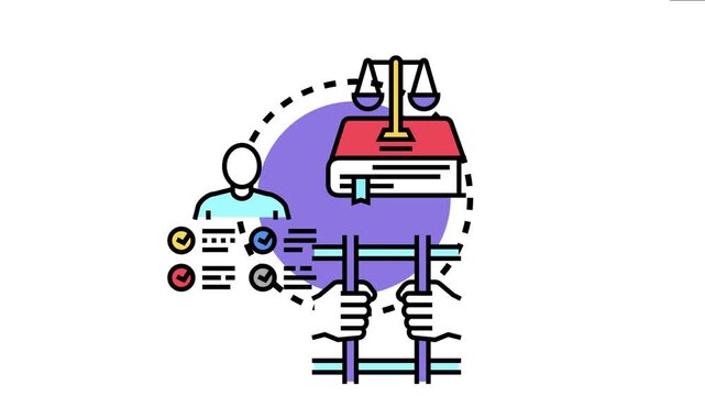 Legal verdict process involving scales of justice, law book, individual evaluation with checklists, and a person holding jail bars, symbolizing the outcome of a judicial decision