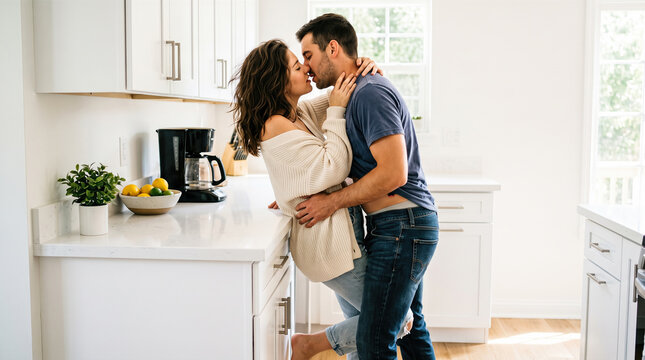 Passionate young couple kissing deeply inside modern bright white kitchen while beautiful woman leans backward against clean countertops during romantic morning together indoors today