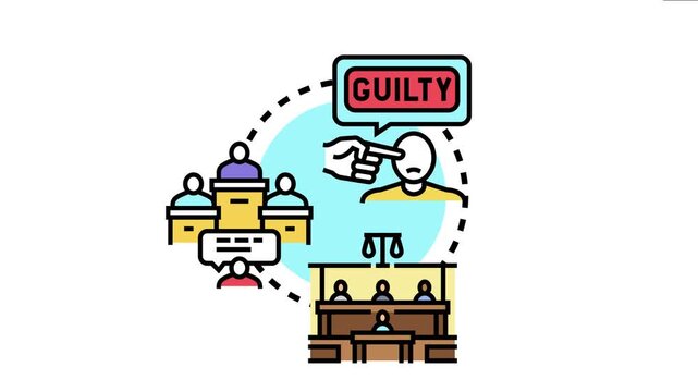 Legal verdict concept a decision in court, with a jury, judge, and scales of justice, symbolizing judgment, prosecution, and the final ruling in a judicial proceeding