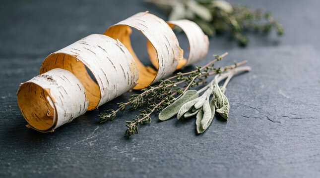 Curled birch bark with thyme sprigs and sage leaves on dark slate surface