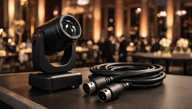 A professional stage light with XLR cables resting on a table in a blurred event ballroom