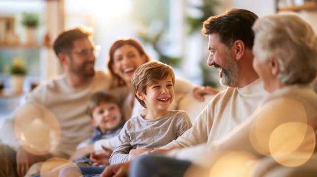 Joyful family of all ages unwinding at home, bonding and sharing laughs with grandparents, parents, and kids