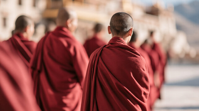 Buddhist monks walking in a line wearing traditional red robes, showing spiritual journey and devotion at a monastery