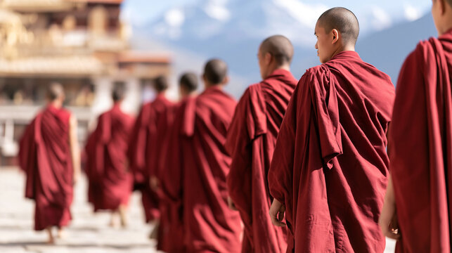Buddhist monks walking in red robes with snowy mountains and temple architecture in the background