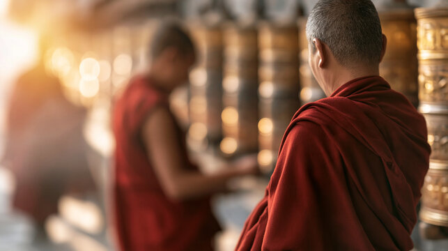 Buddhist monks spinning prayer wheels, performing spiritual rituals in a monastery during sunrise