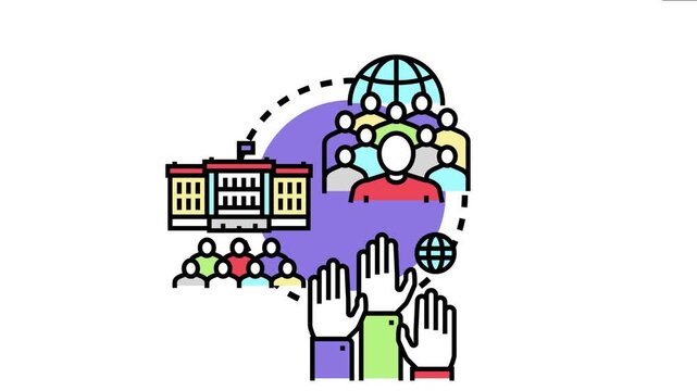 Legislative democracy concept showing citizens electing representatives to a parliament building, participating in the political process through voting and public discourse for societal governance